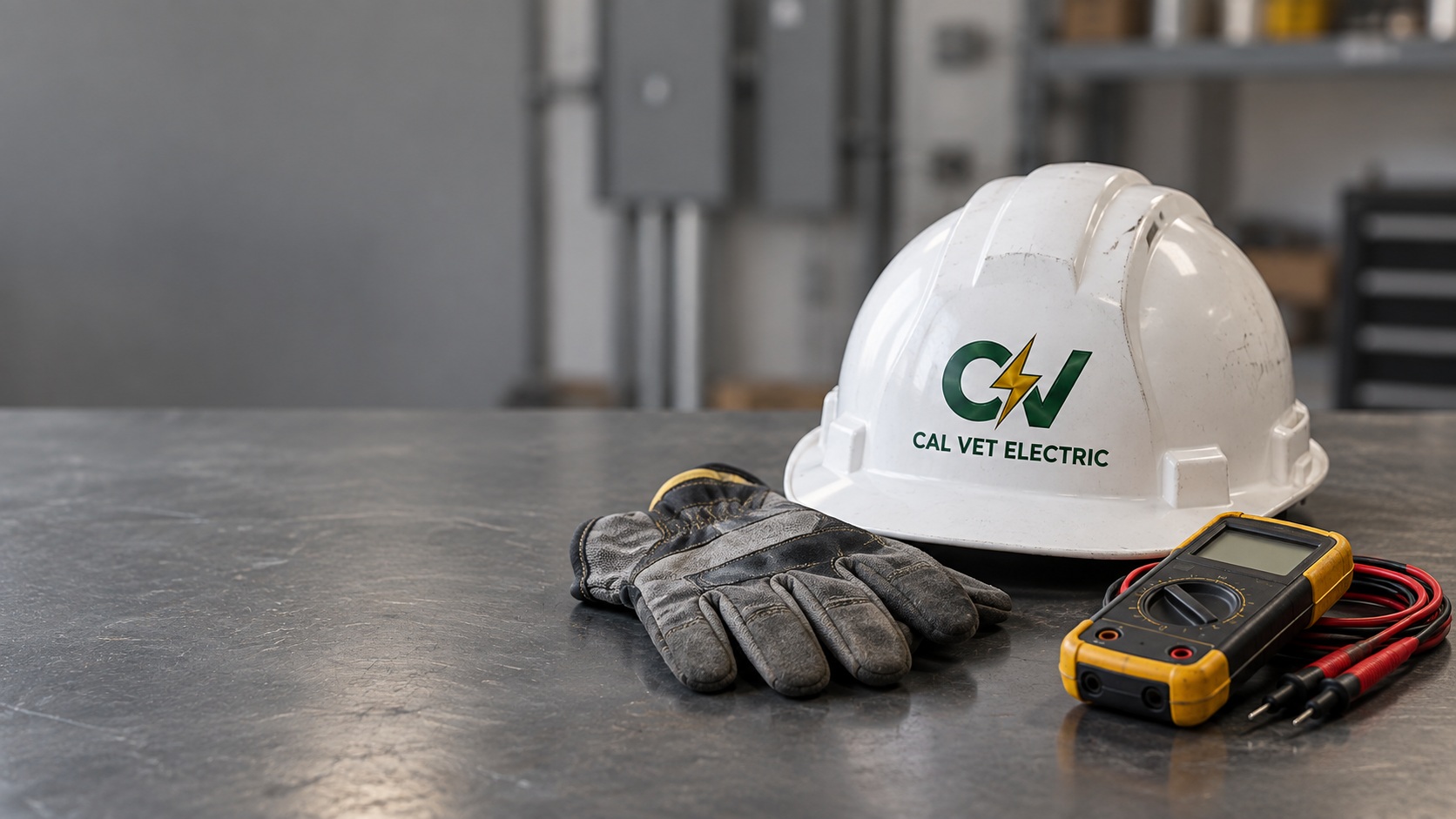 AI-generated Cal Vet Electric branding concept featuring a white branded hard hat, work gloves, and multimeter