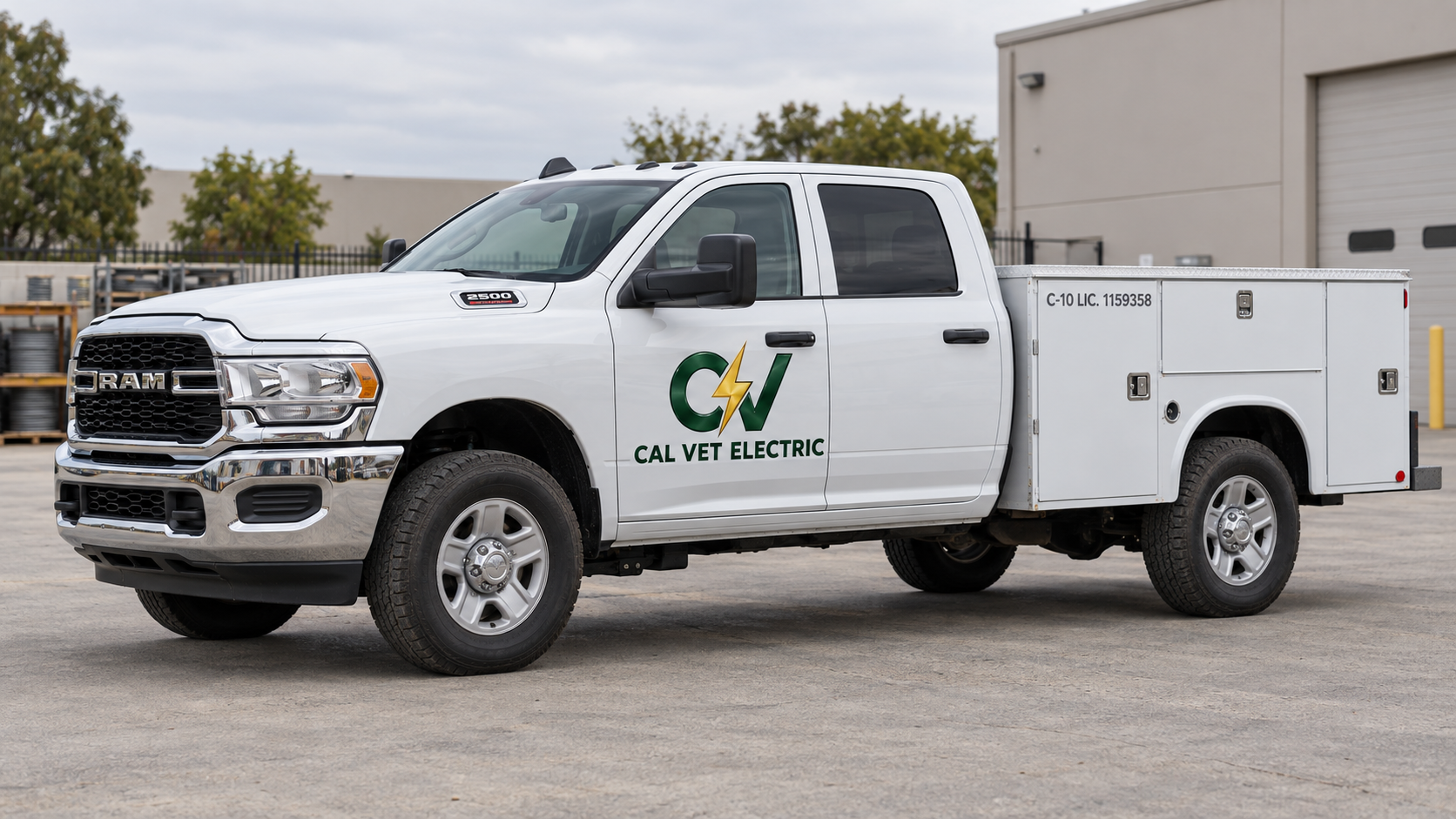 AI-generated branding concept of a white service truck with Cal Vet Electric lettering and C-10 license 1159358